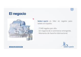 your baby gifts everywhere
3#
El negocio
bebedeparis! es! líder! en! regalos! para!
bebés!en!España:!
.!7.540!regalos!por!año.!
.!Un!negocio!de!e?commerce!emergente.!
.!Momento!de!hacerlo!internacional.!
 