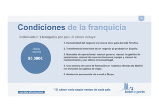 your baby gifts everywhere
52#
.IT#pack#10,000€##
Website en idioma del país, oficina
auxiliar, etc…
Condiciones de la franquicia
#####Se#necesitan#otras#inversiones#y#ﬂujo#de#dinero#para#abrir#una#franquicia#de#Bebedeparis#en#un#país:#
.#Paquete#de#markePng#digital#para#anunciar#la#
web#colombiana#los#6#primeros#meses#22,000€,#
con#un#mínimo#de#3.000€/mes.#
.Stock#inicial#para#los#primeros#seis#meses:#desde#
50,000€#
ENTRANCE#FEE!
.Gastos#adecuación#almacén/
oﬁcina#30,000€,#mobiliario…
.3#%#royalPes#sobre#facturación#anual#y#
pagadero#cada#doce#meses#
.Equipamiento#22,000€#
Equipos de oficina, impresoras, máquina
de bordado, uniformes, coche de
empresa…
 