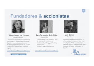 your baby gifts everywhere
6#
Fundadores & accionistas
Elena Gomez del Pozuelo
Founder/Chairman
Consolidada!emprendedora!en!Internet!
con!más!de!11!compañías!co?fundadas.!
Experta!en!comercio!electrónico!y!
markeGng!digital.!Presidenta!de!Adigital!
(Asociación!Española!de!la!Economía!
Digital)!
es.linkedin.com/in/elenagomezdelpozuelo#
Sara Fernandez de la Aldea
Founder/CEO
Emprendedora!!con!más!de!22!años!
de!experiencia!en!diseño!de!
productos,!logísGca,!!importación!y!
exportación.!!
Directora!de!grandes!cuentas.!
es.linkedin.com/in/sarafernandezdelaaldea#
PresGgioso!abogado!Español!con!17!
años!de!experiencia!como!líder!en!el!
área!legal!de!PWC.!Actualmente!es!!
General!Council!y!miembro!de!la!Junta!
DirecGva!del!grupo!Volkswagen!en!
España.!
Founder
Luis Comas
 