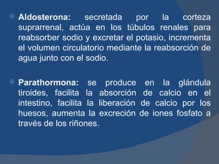    Aldosterona:      secretada    por    la    corteza
    suprarrenal, actúa en los túbulos renales para
    reabsorber sodio y excretar el potasio, incrementa
    el volumen circulatorio mediante la reabsorción de
    agua junto con el sodio.

   Parathormona: se produce en la glándula
    tiroides, facilita la absorción de calcio en el
    intestino, facilita la liberación de calcio por los
    huesos, aumenta la excreción de iones fosfato a
    través de los riñones.
 