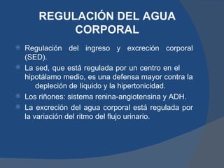 REGULACIÓN DEL AGUA
             CORPORAL
   Regulación del ingreso y excreción corporal
    (SED).
   La sed, que está regulada por un centro en el
    hipotálamo medio, es una defensa mayor contra la
        depleción de líquido y la hipertonicidad.
   Los riñones: sistema renina-angiotensina y ADH.
   La excreción del agua corporal está regulada por
    la variación del ritmo del flujo urinario.
 