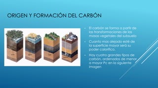 ORIGEN Y FORMACIÓN DEL CARBÓN 
•El carbón se forma a partir de las transformaciones de las masas vegetales del subsuelo 
•...