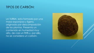 TIPOS DE CARBÓN: 
LATURBA: esta formada por una masa esponjosa y ligera, originada por descomposición de las plantas. Pres...