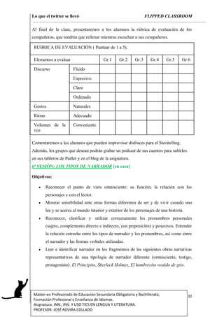 Lo que el twitter se llevó FLIPPED CLASSROOM
31Máster en Profesorado de Educación Secundaria Obligatoria y Bachillerato,
Formación Profesional y Enseñanza de Idiomas.
Asignatura: INN., INV. Y USO TICS EN LENGUA Y LITERATURA.
PROFESOR: JOSÉ ROVIRA COLLADO
Al final de la clase, presentaremos a los alumnos la rúbrica de evaluación de los
compañeros, que tendrán que rellenar mientras escuchan a sus compañeros.
RÚBRICA DE EVALUACIÓN ( Puntuar de 1 a 5).
Elementos a evaluar Gr.1 Gr.2 Gr.3 Gr.4 Gr.5 Gr.6
Discurso Fluido
Expresivo
Claro
Ordenado
Gestos Naturales
Ritmo Adecuado
Volumen de la
voz
Conveniente
Comentaremos a los alumnos que pueden improvisar disfraces para el Storitelling.
Además, los grupos que desean podrán grabar un podcast de sus cuentos para subirlos
en sus tableros de Padlet y en el blog de la asignatura.
6ª SESIÓN: LOS TIPOS DE NARRADOR [en casa]
Objetivos:
 Reconocer el punto de vista omnisciente: su función, la relación con los
personajes y con el lector.
 Mostrar sensibilidad ante otras formas diferentes de ser y de vivir cuando uno
lee y se acerca al mundo interior y exterior de los personajes de una historia.
 Reconocer, clasificar y utilizar correctamente los pronombres personales
(sujeto, complemento directo e indirecto, con preposición) y posesivos. Entender
la relación estrecha entre los tipos de narrador y los pronombres, así como entre
el narrador y las formas verbales utilizadas.
 Leer e identificar narrador en los fragmentos de las siguientes obras narrativas
representativas de una tipología de narrador diferente (omnisciente, testigo,
protagonista): El Principito, Sherlock Holmes, El hombrecito vestido de gris.
 