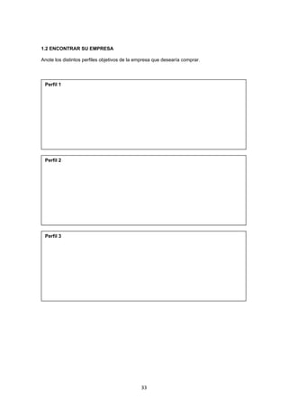   33
1.2 ENCONTRAR SU EMPRESA
Anote los distintos perfiles objetivos de la empresa que desearía comprar.
Perfil 3
 
Perfil 2
 
Perfil 1
 
 