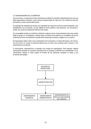   39
2.3 ORGANIGRAMA DE LA EMPRESA
Hay que hacer un esquema de tipo piramidal que defina los distintos departamentos en los que
está organizada la empresa y que incluya al responsable de cada uno, los niveles de toma de
decisiones y quién manda sobre quién.
El organigrama establece las bases que regularán las relaciones entre los emprendedores y los
trabajadores de la empresa, ya que refleja de forma gráfica a las personas, sus funciones y
tareas, así como las relaciones internas entre estas.
Es aconsejable otorgar la confianza suficiente a alguno de los emprendedores para que pueda
dirigir al grupo en su totalidad y siempre bajo el control de los demás con el objetivo de que la
empresa funcione normalmente y pueda tener relaciones correctas y ágiles con su entorno.
El organigrama debe incluir a los compradores de la empresa y al resto del equipo. Así mismo,
hay que tener en cuenta al personal laboral que se tiene que contratar para comprar y dar
continuidad a la actividad.
A continuación, reproducimos un ejemplo muy simple de organigrama. Acto seguido, deberá
reproducirlo teniendo en cuenta la naturaleza de su empresa y también sus necesidades. Si es
conveniente, añada en cada cuadro el nombre de las personas ocuparán el cargo y sus
funciones principales.
 