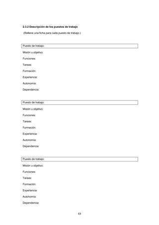   43
2.3.2 Descripción de los puestos de trabajo
(Rellene una ficha para cada puesto de trabajo.)
Puesto de trabajo:
Misión u objetivo:
Funciones:
Tareas:
Formación:
Experiencia:
Autonomía:
Dependencia:
Puesto de trabajo:
Misión u objetivo:
Funciones:
Tareas:
Formación:
Experiencia:
Autonomía:
Dependencia:
Puesto de trabajo:
Misión u objetivo:
Funciones:
Tareas:
Formación:
Experiencia:
Autonomía:
Dependencia:
 