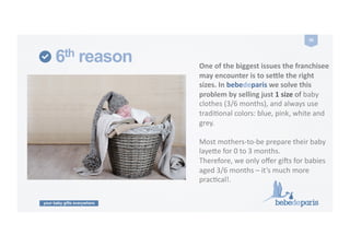 your baby gifts everywhere
26	
  
6th reason One	
  of	
  the	
  biggest	
  issues	
  the	
  franchisee	
  
may	
  encounter	
  is	
  to	
  seile	
  the	
  right	
  
sizes.	
  In	
  bebedeparis	
  we	
  solve	
  this	
  
problem	
  by	
  selling	
  just	
  1	
  size	
  of	
  baby	
  
clothes	
  (3/6	
  months),	
  and	
  always	
  use	
  
tradiConal	
  colors:	
  blue,	
  pink,	
  white	
  and	
  
grey.	
  
Most	
  mothers-­‐to-­‐be	
  prepare	
  their	
  baby	
  
layele	
  for	
  0	
  to	
  3	
  months.	
  	
  
Therefore,	
  we	
  only	
  oﬀer	
  gi9s	
  for	
  babies	
  
aged	
  3/6	
  months	
  –	
  it’s	
  much	
  more	
  
pracCcal!.	
  
 
