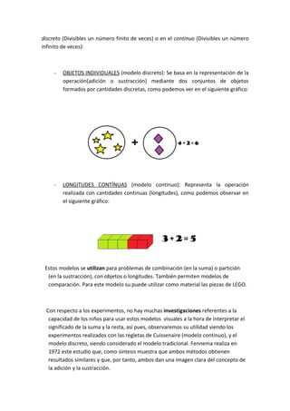 discreto (Divisibles un número finito de veces) o en el continuo (Divisibles un número
infinito de veces):



     -   OBJETOS INDIVIDUALES (modelo discreto): Se basa en la representación de la
         operación(adición o sustracción) mediante dos conjuntos de objetos
         formados por cantidades discretas, como podemos ver en el siguiente gráfico:




     -   LONGITUDES CONTÍNUAS (modelo continuo): Representa la operación
         realizada con cantidades continuas (longitudes), como podemos observar en
         el siguiente gráfico:




 Estos modelos se utilizan para problemas de combinación (en la suma) o partición
  (en la sustracción), con objetos o longitudes. También permiten modelos de
  comparación. Para este modelo su puede utilizar como material las piezas de LEGO.



 Con respecto a los experimentos, no hay muchas investigaciones referentes a la
  capacidad de los niños para usar estos modelos visuales a la hora de interpretar el
  significado de la suma y la resta, así pues, observaremos su utilidad viendo los
  experimentos realizados con las regletas de Cuissenaire (modelo continuo), y el
  modelo discreto, siendo considerado el modelo tradicional. Fennema realiza en
  1972 este estudio que, como síntesis muestra que ambos métodos obtienen
  resultados similares y que, por tanto, ambos dan una imagen clara del concepto de
  la adición y la sustracción.
 