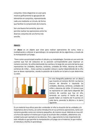 conjuntos. Estos diagramas se usan para
mostrar gráficamente la agrupación de
elementos en conjuntos, representando
cada uno mediante un círculo, de forma
que facilitan la comprensión de la teoría.

Sen una buena herramienta, que nos
permite realizar las operaciones entre los
diversos conjuntos de una forma más
sencilla.



ÁBACO:

Un ábaco es un objeto que sirve para realizar operaciones de suma, resta y
multiplicación y reforzar el aprendizaje y la comprensión de los algoritmos, a través de
la manipulación y el juego.

 Tiene como uso principal enseñar el cálculo y su metodología. Consiste en una serie de
cuentas que han de colocarse en su posición correspondiente para expresar un
número concreto. Se utiliza deslizando las cuentas a lo largo de una serie de barras que
representan las unidades, decenas, centenas, unidades de millar, decenas de millar,
centenas de millar.... Estas cuentas se pueden colocar o quitar dependiendo de la cifra
que se desee representar, siendo la posición de la bolita en la barra la que determina
su valor.

                                             En esta fotografía podemos ver un ábaco
                                             que muestra el número 46.513. Las barras
                                             marcan de derecha a izquierda las
                                             unidades, decenas, centenas, unidades de
                                             millar y decenas de millar. El número que
                                             se representa en cada barra depende del
                                             número de cuentas que hay en ella,
                                             teniendo en cuenta el hecho de que,
                                             puede haber un máximo de 9 cuentas en
                                             cada barra, pasando la décima a la barra
                                             siguiente.

Es un material muy eficaz para dar a entender al niño la situación de las unidades y la
importancia de la misma, así como introducirlo en sus primeras operaciones, tanto con
números grandes como con números pequeños, de manera visual. Además es muy útil
a la hora de explicar el motivo por el que al acumular diez unidades, obtenemos una
unidad nueva por ejemplo en las decenas. Pero, seguramente lo más importante de
este método es que permite la manipulación y el juego con el material, lo que motiva
al individuo y facilita el aprendizaje.
 