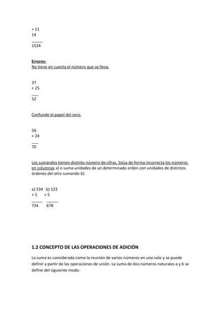 + 11
14
_____
1524


Errores:
No tiene en cuenta el número que se lleva.


37
+ 25
___
52


Confunde el papel del cero.


50
+ 24
___
70


Los sumandos tienen distinto número de cifras. Sitúa de forma incorrecta los números
en columnas a) o suma unidades de un determinado orden con unidades de distintos
órdenes del otro sumando b).


a) 234 b) 123
+5    +5
_____ _____
734    678




1.2 CONCEPTO DE LAS OPERACIONES DE ADICIÓN
La suma es considerada como la reunión de varios números en uno solo y se puede
definir a partir de las operaciones de unión. La suma de dos números naturales a y b se
define del siguiente modo:
 