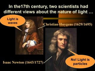 In the17th century, two scientists had
different views about the nature of light …
Christian Huygens (1629/1695)
Isaac Newton (1643/1727)
No! Light is
particles
Light is
waves
 