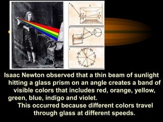 Isaac Newton observed that a thin beam of sunlight
hitting a glass prism on an angle creates a band of
visible colors that includes red, orange, yellow,
green, blue, indigo and violet.
This occurred because different colors travel
through glass at different speeds.
 