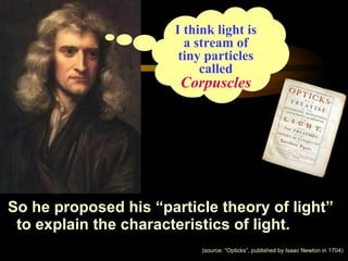 So he proposed his “particle theory of light”
to explain the characteristics of light.
I think light is
a stream of
tiny particles
called
Corpuscles
(source: “Opticks”, published by Isaac Newton in 1704)
 