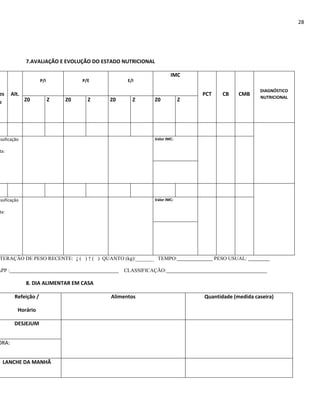28




               7.AVALIAÇÃO E EVOLUÇÃO DO ESTADO NUTRICIONAL

                                                                  IMC
                      P/I            P/E          E/I

                                                                                                DIAGNÓSTICO
es      Alt.                                                               PCT     CB    CMB
                                                                                                NUTRICIONAL
o              Z0           Z   Z0     Z   Z0       Z     Z0           Z




assificação                                               Valor IMC:

 ta:




assificação                                               Valor IMC:

 ta:




 TERAÇÂO DE PESO RECENTE: ↓ ( ) ↑ ( ) QUANTO (kg):_______ TEMPO:                 PESO USUAL:

%PP :                                           CLASSIFICAÇÃO:

               8. DIA ALIMENTAR EM CASA

         Refeição /                         Alimentos                      Quantidade (medida caseira)

           Horário

         DESJEJUM


ORA:


  LANCHE DA MANHÃ
 