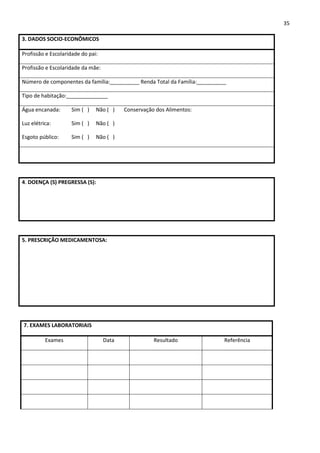 35

3. DADOS SOCIO-ECONÔMICOS

Profissão e Escolaridade do pai:

Profissão e Escolaridade da mãe:

Número de componentes da família:__________ Renda Total da Família:__________

Tipo de habitação:______________

Água encanada:      Sim ( )    Não ( )    Conservação dos Alimentos:

Luz elétrica:       Sim ( )    Não ( )

Esgoto público:     Sim ( )    Não ( )




4. DOENÇA (S) PREGRESSA (S):




5. PRESCRIÇÃO MEDICAMENTOSA:




7. EXAMES LABORATORIAIS

          Exames                   Data              Resultado              Referência
 