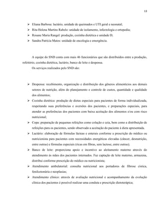 13



    Eliana Barbosa: lactário, unidade de queimados e UTI geral e neonatal;
    Rita Helena Martins Rabelo: unidade de isolamento, infectologia e ortopedia;
    Rosane Maria Rangel: produção, cozinha dietética e unidade D;
    Sandra Patrícia Matos: unidade de oncologia e emergência.




       A equipe do SND conta com mais 46 funcionários que são distribuídos entre a produção,
refeitório, cozinha dietética, lactário, banco de leite e despensa.
       Os serviços realizados pelo SND são:




    Despensa: recebimento, organização e distribuição dos gêneros alimentícios aos demais
       setores de nutrição, além do planejamento e controle de custos, quantidade e qualidade
       dos alimentos;
    Cozinha dietética: produção de dietas especiais para pacientes de forma individualizada,
       respeitando suas preferências e aversões dos pacientes, e preparações especiais, para
       atender as preferências dos pacientes com baixa aceitação dos alimentos e/ou com risco
       nutricional;
    Copa: preparação de pequenas refeições como colação e ceia, bem como a distribuição de
       refeições para os pacientes, sendo observado a aceitação do paciente à dieta apresentada.
    Lactário: elaboração de fórmulas lácteas e enterais conforme a prescrição do médico ou
       nutricionista para pacientes com necessidades energéticas elevadas (câncer, desnutrição,
       entre outras) e fórmulas especiais (ricas em fibras, sem lactose, entre outras);
    Banco de leite: proporciona apoio e incentivo ao aleitamento materno através do
       atendimento às mães dos pacientes internados. Faz captação de leite materno, armazena,
       distribui conforme prescrição do médico ou nutricionista;
    Atendimento ambulatorial: consulta nutricional aos portadores de fibrose cística,
       fenilcetonúria e neoplasias;
    Atendimento clínico: através de avaliação nutricional e acompanhamento da evolução
       clínica dos pacientes é possível realizar uma conduta e prescrição dietoterápica;
 