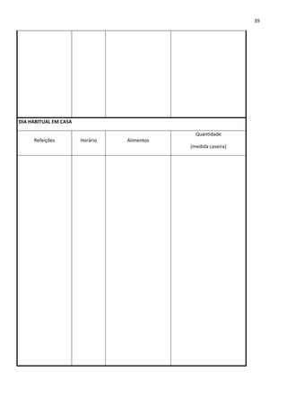 39




DIA HABITUAL EM CASA

                                               Quantidade
     Refeições         Horário   Alimentos
                                             (medida caseira)
 