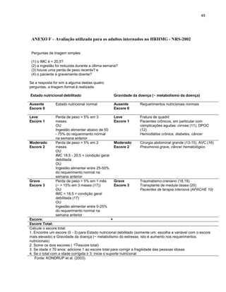 49




 ANEXO F – Avaliação utilizada para os adultos internados no HRHMG - NRS-2002


 Perguntas de triagem simples:

 (1) o IMC é < 20,5?
 (2) a ingestão foi reduzida durante a última semana?
 (3) houve uma perda de peso recente? e
 (4) o paciente é gravemente doente?

Se a resposta for sim a alguma destas quatro
perguntas, a triagem formal é realizada:

Estado nutricional debilitado                     Gravidade da doença (~ metabolismo da doença)

Ausente        Estado nutricional normal          Ausente         Requerimentos nutricionais normais
Escore 0                                          Escore 0

Leve           Perda de peso > 5% em 3            Leve            Fratura de quadril
Escore 1       meses                              Escore 1        Pacientes crônicos, em particular com
               OU                                                 complicações agudas: cirrose (11), DPOC
               Ingestão alimentar abaixo de 50                    (12)
               - 75% do requerimento normal                       Hemodiálise crônica, diabetes, câncer
               na semana anterior
Moderado       Perda de peso > 5% em 2            Moderado        Cirurgia abdominal grande (13-15). AVC (16)
Escore 2       meses                              Escore 2        Pneumonia grave, câncer hematológico
               OU
               IMC 18,5 - 20,5 + condição geral
               debilitada
               OU
               Ingestão alimentar entre 25-50%
               do requerimento normal na
               semana anterior
Grave          Perda de peso > 5% em 1 mês        Grave           Traumatismo craniano (18,19)
Escore 3       (~ > 15% em 3 meses (17))          Escore 3        Transplante de medula óssea (20)
               OU                                                 Pacientes de terapia intensiva (APACHE 10)
               IMC < 18,5 + condição geral
               debilitada (17)
               OU
               Ingestão alimentar entre 0-25%
               do requerimento normal na
               semana anterior
Escore:                                             +
Escore Total:
Calcule o escore total:
1. Encontre um escore (0 - 3) para Estado nutricional debilitado (somente um: escolha a variável com o escore
mais elevado) e Gravidade da doença (~ metabolismo do estresse, isto é aumento nos requerimentos
nutricionais)
2. Some os dois escores (      escore total)
3. Se idade ≥ 70 anos: adicione 1 ao escore total para corrigir a fragilidade das pessoas idosas
4. Se o total com a idade corrigida ≥ 3: inicie o suporte nutricional
   Fonte: KONDRUP et al. (2003).
 