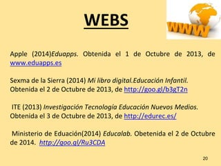 WEBS 
Apple (2014)Eduapps. Obtenida el 1 de Octubre de 2013, de 
www.eduapps.es 
Sexma de la Sierra (2014) Mi libro digital.Educación Infantil. 
Obtenida el 2 de Octubre de 2013, de http://goo.gl/b3gT2n 
ITE (2013) Investigación Tecnología Educación Nuevos Medios. 
Obtenida el 3 de Octubre de 2013, de http://edurec.es/ 
Ministerio de Eduación(2014) Educalab. Obetenida el 2 de Octubre 
de 2014. http://goo.gl/Ru3CDA 
20 
 