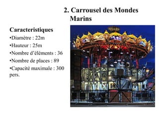 2. Carrousel des Mondes
Marins
Caracteristiques
•Diamètre : 22m
•Hauteur : 25m
•Nombre d’éléments : 36
•Nombre de places : 89
•Capacité maximale : 300
pers.
 
