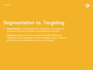 Definitions
14
Segmentation vs. Targeting
• Segmentation is about dividing the marketplace into groups of
customers which are definable, accessible and actionable
• Targeting is about trying to understand identified differences
between groups / segments to inform message nuance & channel
tactics to ensure campaigns resonate more strongly
 