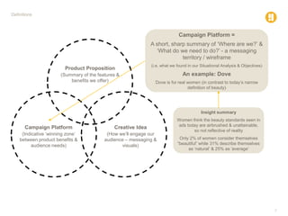 7
Definitions
Product Proposition
(Summary of the features &
benefits we offer)
Creative Idea
(How we’ll engage our
audience – messaging &
visuals)
Campaign Platform
(Indicative ‘winning zone’
between product benefits &
audience needs)
Campaign Platform =
A short, sharp summary of ‘Where are we?’ &
‘What do we need to do?’ - a messaging
territory / wireframe
(i.e. what we found in our Situational Analysis & Objectives)
An example: Dove
Dove is for real women (in contrast to today’s narrow
definition of beauty)
Insight summary
Women think the beauty standards seen in
ads today are airbrushed & unattainable,
so not reflective of reality
Only 2% of women consider themselves
“beautiful” while 31% describe themselves
as ‘natural’ & 25% as ‘average’
 