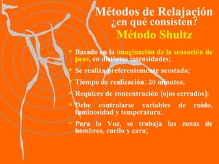 Método Shultz Basado en la  imaginación de la sensación de peso , en distintas intensidades; Se realiza preferentemente acostado; Tiempo de realización: 20 minutos; Requiere de concentración (ojos cerrados); Debe controlarse variables de ruido, luminosidad y temperatura; Para la Voz, se trabaja las zonas de hombros, cuello y cara; Métodos de Relajación ¿en qué consisten? 