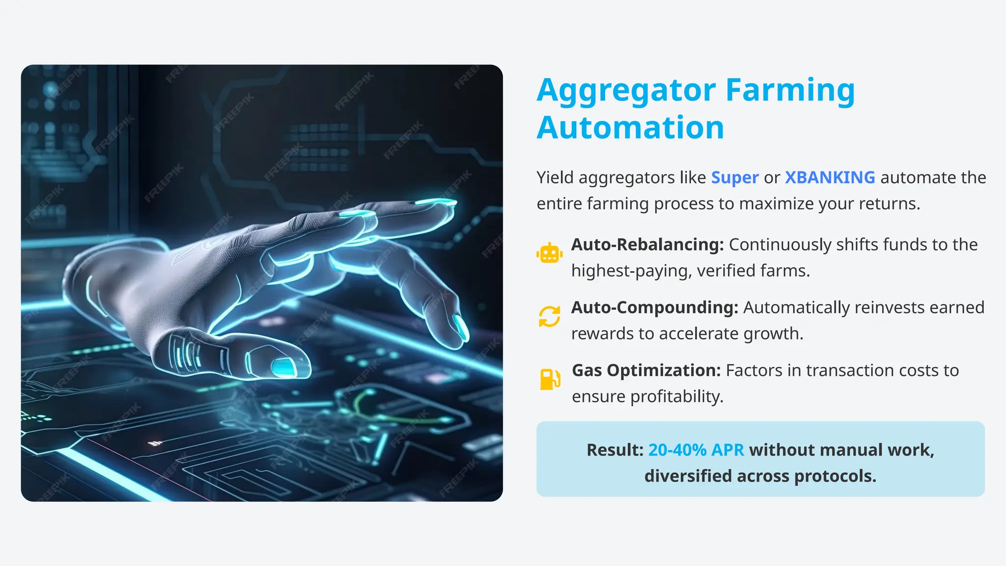 Aggregator Farming
Automation
Yield aggregators like Super or XBANKING automate the
entire farming process to maximize your returns.
Auto-Rebalancing: Continuously shifts funds to the
highest-paying, verified farms.
Auto-Compounding: Automatically reinvests earned
rewards to accelerate growth.
Gas Optimization: Factors in transaction costs to
ensure profitability.
Result: 20-40% APR without manual work,
diversified across protocols.
 