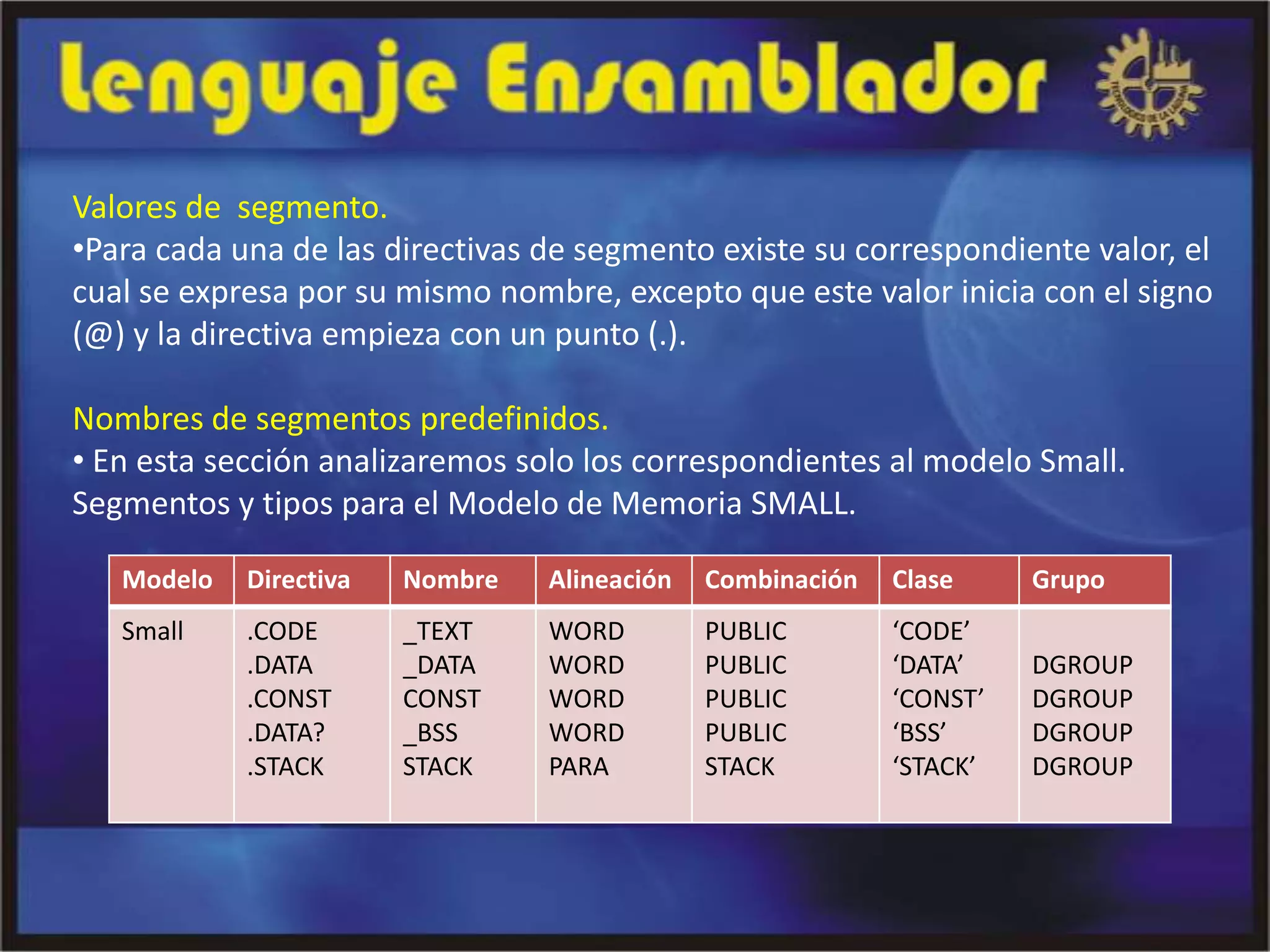 Valores de segmento.
•Para cada una de las directivas de segmento existe su correspondiente valor, el
cual se expresa por su mismo nombre, excepto que este valor inicia con el signo
(@) y la directiva empieza con un punto (.).

Nombres de segmentos predefinidos.
• En esta sección analizaremos solo los correspondientes al modelo Small.
Segmentos y tipos para el Modelo de Memoria SMALL.

   Modelo   Directiva   Nombre   Alineación   Combinación   Clase     Grupo
   Small    .CODE       _TEXT    WORD         PUBLIC        ‘CODE’
            .DATA       _DATA    WORD         PUBLIC        ‘DATA’    DGROUP
            .CONST      CONST    WORD         PUBLIC        ‘CONST’   DGROUP
            .DATA?      _BSS     WORD         PUBLIC        ‘BSS’     DGROUP
            .STACK      STACK    PARA         STACK         ‘STACK’   DGROUP
 