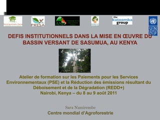 DEFIS INSTITUTIONNELS DANS LA MISE EN ŒUVRE DU
     BASSIN VERSANT DE SASUMUA, AU KENYA




      Atelier de formation sur les Paiements pour les Services
Environnementaux (PSE) et la Réduction des émissions résultant du
             Déboisement et de la Dégradation (REDD+)
                 Nairobi, Kenya – du 8 au 9 août 2011
 