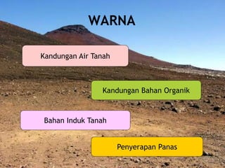 WARNA
Kandungan Air Tanah
Bahan Induk Tanah
Kandungan Bahan Organik
Penyerapan Panas
 