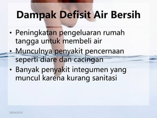 26/04/2015
Dampak Defisit Air Bersih
• Peningkatan pengeluaran rumah
tangga untuk membeli air
• Munculnya penyakit pencernaan
seperti diare dan cacingan
• Banyak penyakit integumen yang
muncul karena kurang sanitasi
 