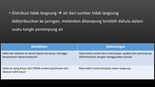 • Distribusi tidak langsung  air dari sumber tidak langsung
didistribusikan ke jaringan, melainkan ditampung terlebih dahulu dalam
suatu tangki penampung air
Kelebihan Kekurangan
Debit dan tekanan air bersih dapat tercukupi, sehingga
kenyamanan dapat terpenuhi
Daya listrik rumah harus mencukupi, apabila dari penampung
didistribusikan dengan menggunakan pompa
Debit air yang keluar dari PDAM cenderung konstan dan
tekanan lebih besar
Biaya lebih mahal daripada sistem langsung
 