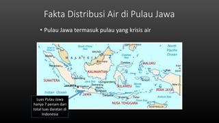 Fakta Distribusi Air di Pulau Jawa
• Pulau Jawa termasuk pulau yang krisis air
Luas Pulau Jawa
hanya 7 persen dari
total luas daratan di
Indonesia
 