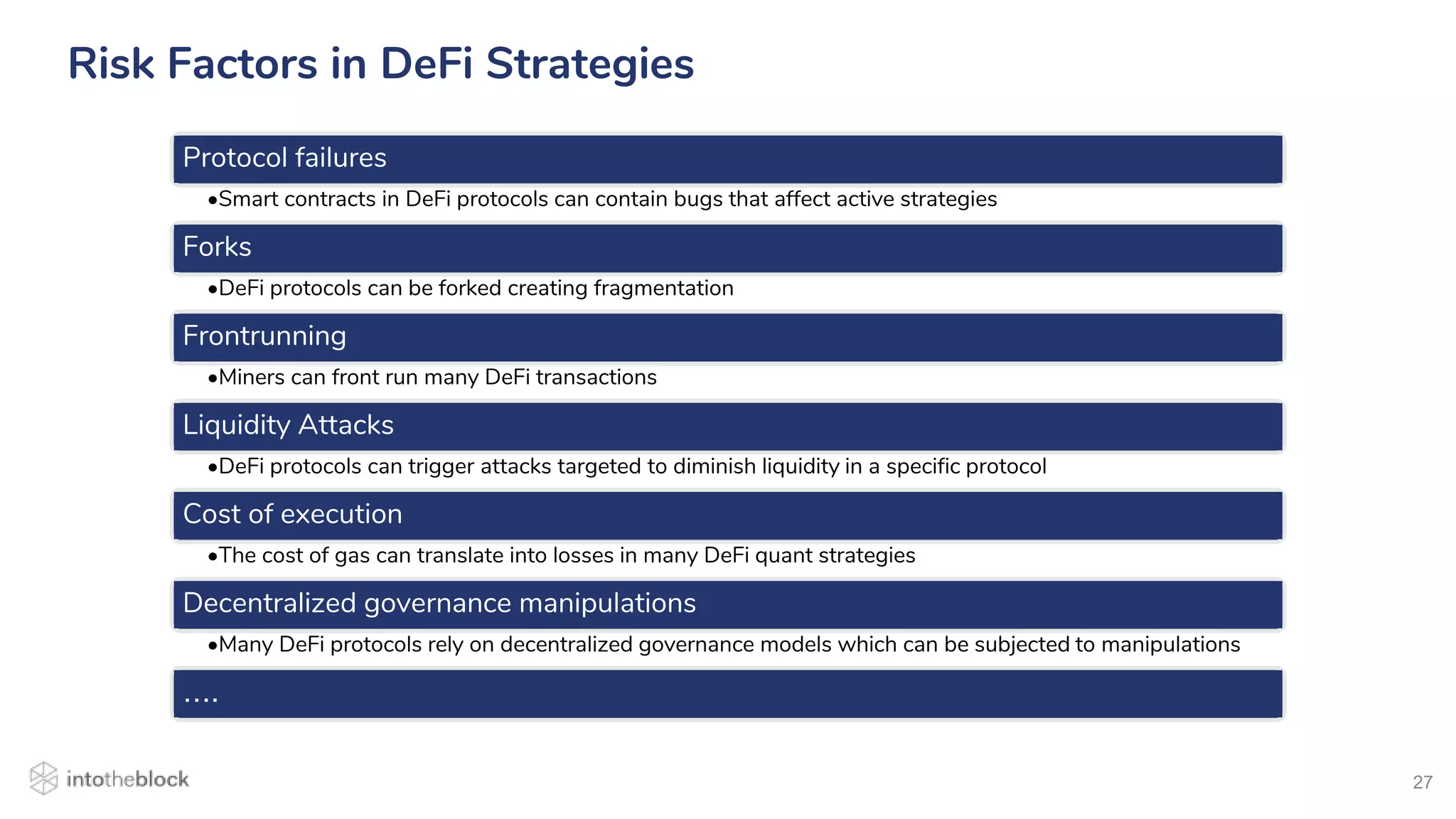 27
Risk Factors in DeFi Strategies
Protocol failures
•Smart contracts in DeFi protocols can contain bugs that affect active strategies
Forks
•DeFi protocols can be forked creating fragmentation
Frontrunning
•Miners can front run many DeFi transactions
Liquidity Attacks
•DeFi protocols can trigger attacks targeted to diminish liquidity in a specific protocol
Cost of execution
•The cost of gas can translate into losses in many DeFi quant strategies
Decentralized governance manipulations
•Many DeFi protocols rely on decentralized governance models which can be subjected to manipulations
….
 