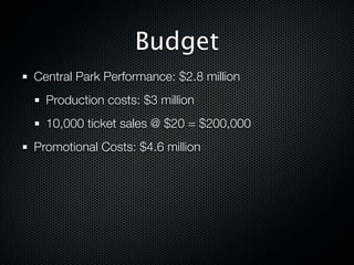 Budget
Central Park Performance: $2.8 million
  Production costs: $3 million
  10,000 ticket sales @ $20 = $200,000
Promotional Costs: $4.6 million
 