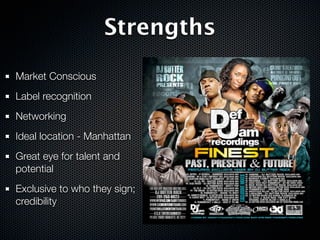 Strengths

Market Conscious
Label recognition
Networking
Ideal location - Manhattan
Great eye for talent and
potential
Exclusive to who they sign;
credibility
 