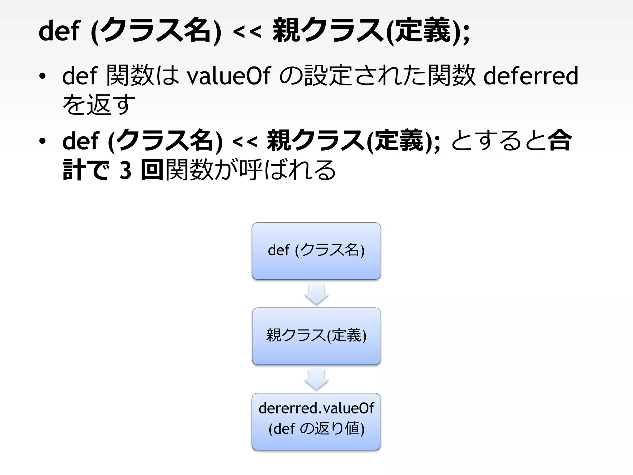 def (クラス名) << 親クラス(定義);
• def 関数は valueOf の設定された関数 deferred
  を返す
• def (クラス名) << 親クラス(定義); とすると合
  計で 3 回関数が呼ばれる


               def (クラス名)




               親クラス(定義)



              dererred.valueOf
               (def の返り値)
 
