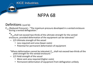 NFPA 68
Definitions (cont’d):
Pred (Reduced Pressure) – “The maximum pressure developed in a vented enclosure 
during a vented deflagration.”
“Pred shall not exceed two‐thirds of the ultimate strength for the vented 
enclosure, provided deformation of the equipment can be tolerated.”
– 2/3 Ultimate strength of the vessel 
• Less required vent area (lower costs)
• Potential for permanent deformation of equipment
“Where deformation cannot be tolerated, Pred shall not exceed two‐thirds of the 
yield strength for the vented enclosure.”
– 2/3 Yield strength of the vessel 
• More vent area required (higher costs)
• Permanent deformation of equipment from deflagration unlikely
 