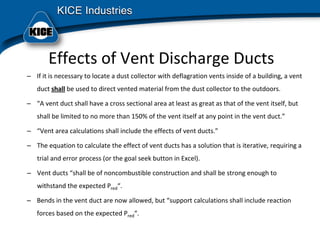 Effects of Vent Discharge Ducts
– If it is necessary to locate a dust collector with deflagration vents inside of a building, a vent 
duct shall be used to direct vented material from the dust collector to the outdoors.
– “A vent duct shall have a cross sectional area at least as great as that of the vent itself, but 
shall be limited to no more than 150% of the vent itself at any point in the vent duct.”
– “Vent area calculations shall include the effects of vent ducts.”
– The equation to calculate the effect of vent ducts has a solution that is iterative, requiring a 
trial and error process (or the goal seek button in Excel).
– Vent ducts “shall be of noncombustible construction and shall be strong enough to 
withstand the expected Pred“.
– Bends in the vent duct are now allowed, but “support calculations shall include reaction 
forces based on the expected Pred“.
 