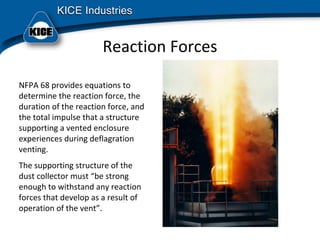 Reaction Forces
NFPA 68 provides equations to 
determine the reaction force, the 
duration of the reaction force, and 
the total impulse that a structure 
supporting a vented enclosure 
experiences during deflagration 
venting.
The supporting structure of the 
dust collector must “be strong 
enough to withstand any reaction 
forces that develop as a result of 
operation of the vent”.
 
