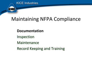Maintaining NFPA Compliance
Documentation
InspectionInspection
MaintenanceMaintenance
Record Keeping and TrainingRecord Keeping and Training
 