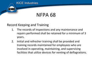 NFPA 68
Record Keeping and Training
1. The records of inspections and any maintenance and 
repairs performed shall be retained for a minimum of 3 
years.
2. Initial and refresher training shall be provided and 
training records maintained for employees who are 
involved in operating, maintaining, and supervising 
facilities that utilize devices for venting of deflagrations.
 
