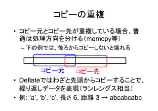 コピーの重複
• コピー元とコピー先が重複している場合、普
  通は処理方向を分ける（memcpy等）
  – 下の例では、後ろからコピーしないと壊れる


           コピー元         コピー先
• Deflateではわざと先頭からコピーすることで、
  繰り返しデータを表現（ランレングス相当）
• 例: ‘a’, ‘b’, ‘c’, 長さ 6, 距離 3 → abcabcabc
 