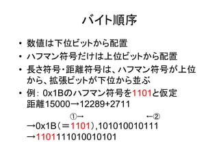 バイト順序
• 数値は下位ビットから配置
• ハフマン符号だけは上位ビットから配置
• 長さ符号・距離符号は、ハフマン符号が上位
  から、拡張ビットが下位から並ぶ
• 例： 0x1Bのハフマン符号を1101と仮定
  距離15000→12289+2711
         ①→            ←②
 →0x1B（＝1101）,101010010111
 →1101111010010101
 