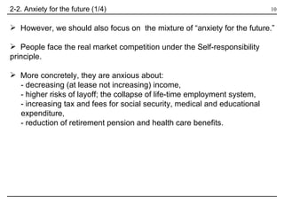 However, we should also focus on  the mixture of “anxiety for the future.”  People face the real market competition under the Self-responsibility  principle. More concretely, they are anxious about: - decreasing (at lease not increasing) income, - higher risks of layoff; the collapse of life-time employment system, - increasing tax and fees for social security, medical and educational    expenditure, - reduction of retirement pension and health care benefits.  2-2. Anxiety for the future (1/4) 