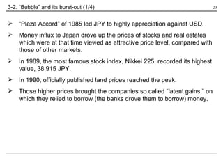 “ Plaza Accord” of 1985 led JPY to highly appreciation against USD. Money influx to Japan drove up the prices of stocks and real estates which were at that time viewed as attractive price level, compared with those of other markets. In 1989, the most famous stock index, Nikkei 225, recorded its highest value, 38,915 JPY.  In 1990, officially published land prices reached the peak. Those higher prices brought the companies so called “latent gains,” on which they relied to borrow (the banks drove them to borrow) money.  3-2. “Bubble” and its burst-out (1/4)  
