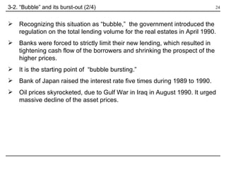 Recognizing this situation as “bubble,”  the government introduced the regulation on the total lending volume for the real estates in April 1990. Banks were forced to strictly limit their new lending, which resulted in tightening cash flow of the borrowers and shrinking the prospect of the higher prices. It is the starting point of  “bubble bursting.”  Bank of Japan raised the interest rate five times during 1989 to 1990. Oil prices skyrocketed, due to Gulf War in Iraq in August 1990. It urged massive decline of the asset prices.  3-2. “Bubble” and its burst-out (2/4) 