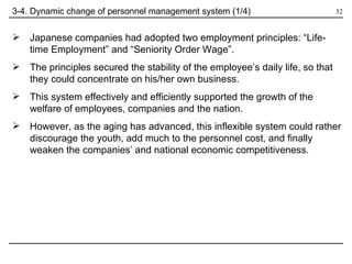 3-4. Dynamic change of personnel management system (1/4) Japanese companies had adopted two employment principles: “Life-time Employment” and “Seniority Order Wage”. The principles secured the stability of the employee’s daily life, so that they could concentrate on his/her own business. This system effectively and efficiently supported the growth of the welfare of employees, companies and the nation. However, as the aging has advanced, this inflexible system could rather discourage the youth, add much to the personnel cost, and finally weaken the companies’ and national economic competitiveness. 